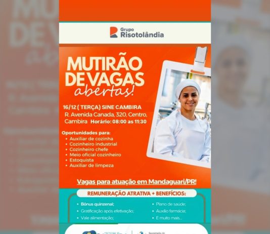OPORTUNIDADE DE EMPREGO EM CAMBIRA!